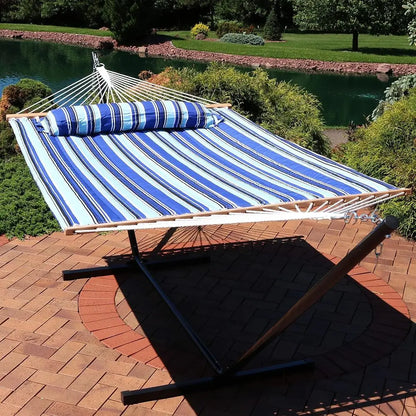Quilted Double Hammock or Outside with Spreader Bars and Pillow - 450 lb acity, 74x55 Inch Bed, UV Resistant, Quick Dry - Chains