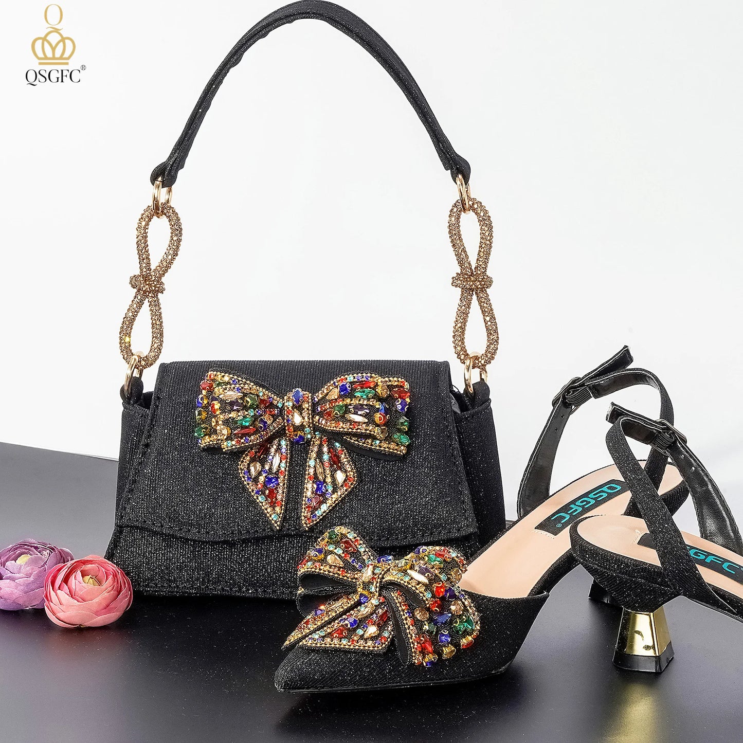 QSGFC Italian Design Red Elegant Women's Heels Fashion Crystal Bow Pointed Toe Sandals Nigeria Shoes Bag Set For Women