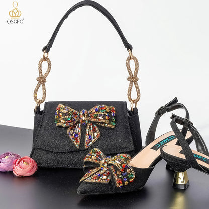 QSGFC Italian Design Red Elegant Women's Heels Fashion Crystal Bow Pointed Toe Sandals Nigeria Shoes Bag Set For Women