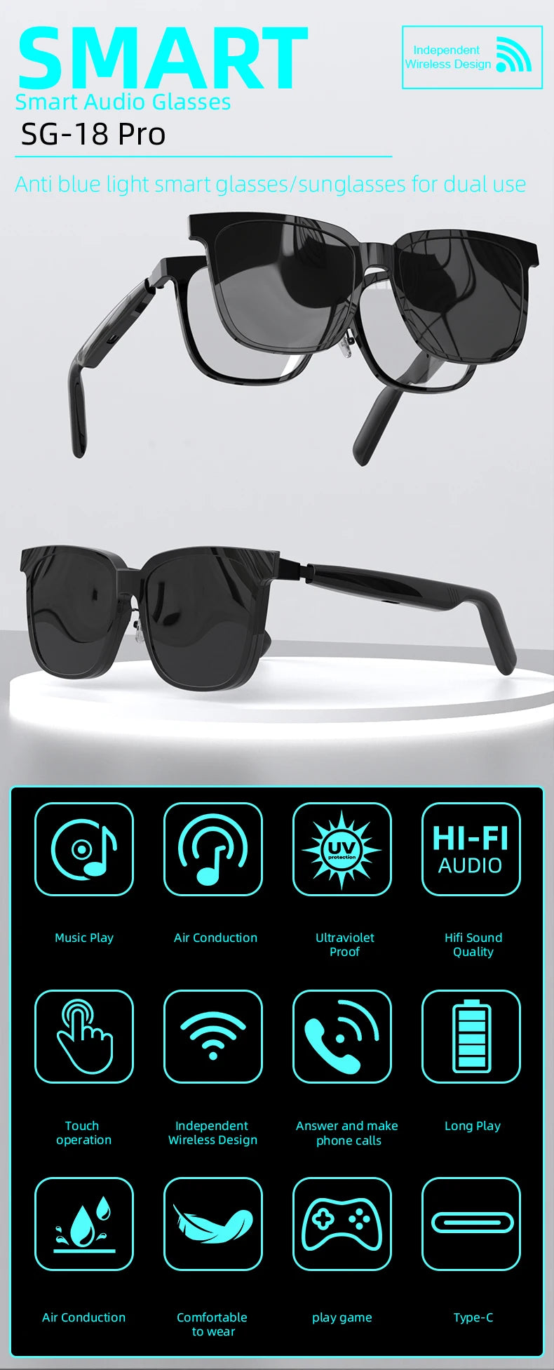 2-in-1 Smart Glasses With Magnetic Lenses Versatile, Clear Vision Enhanced Comfort TWS SG18pro