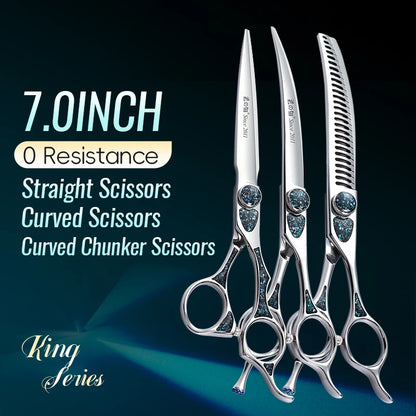 Fenice King Series 7/7.5Inch VG10 Shell Bearing Screws Dog Trimming Grooming Straight Curved Thinner Chunker Pet Scissors Tools