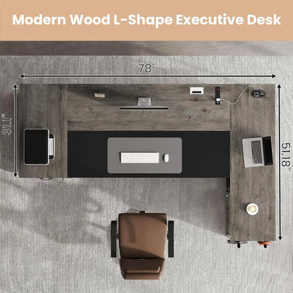 78" Executive Desk with Lockable File Cabinet, L Shaped Office Desk with Power Outlets, Large Executive Desk with, Customized
