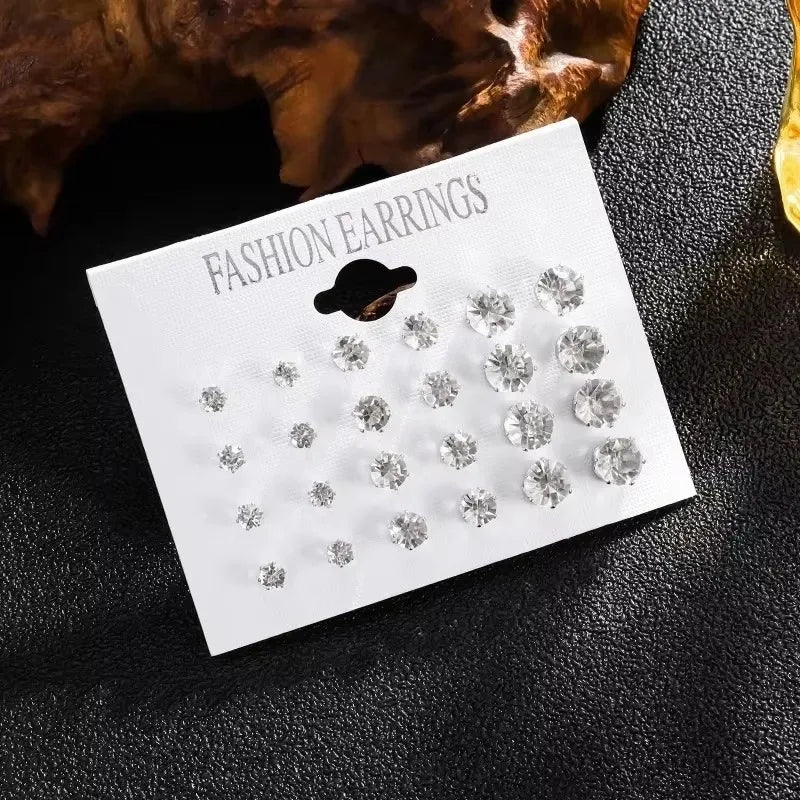 New 12 Pair Pack White Shiny Wedding Stud Earrings Set For Women Men Crystal Rhinestone Earrings Party Jewelry Accessories Gifts