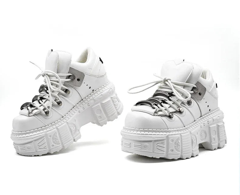 Gothic Ankle Rock Boots Women Shoes White Leather Platform New Punk Style Lace-up Heel Height Shoes Metal Decor Woman Sneakers