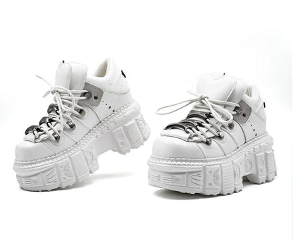 Gothic Ankle Rock Boots Women Shoes White Leather Platform New Punk Style Lace-up Heel Height Shoes Metal Decor Woman Sneakers