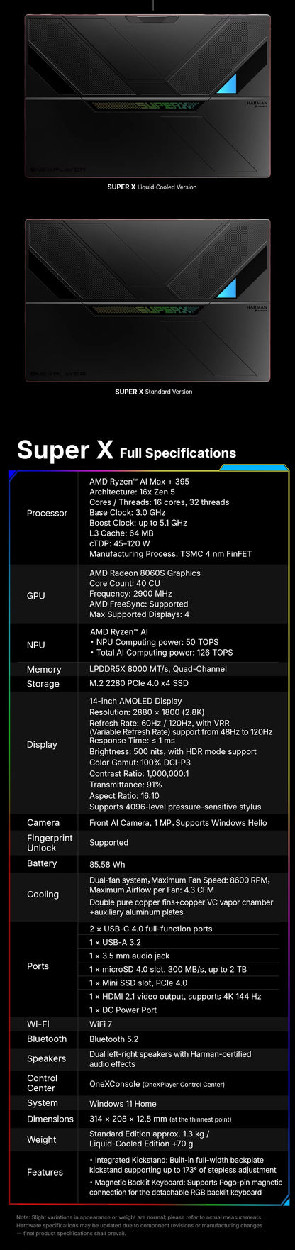 OneXPlayer Super X Gaming Laptop AMD Ryzen AI Max+395 14-inch 2.8K 60/120Hz AMOLED Tablet Windows 11 Fingerprint Unlock WIFI 7