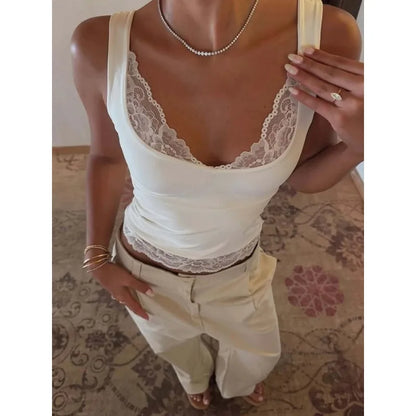 Dulzura Square Collar Backless Slim Lace Ruffles Patchwork Tank Top Women'S Fashion Sexy Y2K Top Party Vacation Summer Clothes