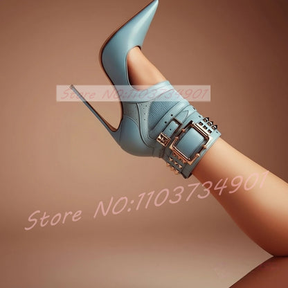 Studded Buckle Strap Cut-Out Sandal Boots Women Splicing Pointy Toe High Heels Blue Leather Ankle Boots Lady Edgy Luxe Footwear