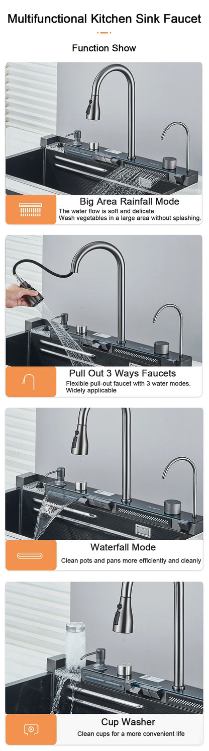 Stainless Steel Kitchen Sink with Faucet Digital Display Large Single Bowl Waterfall Rain 5 Functions System Dish Basin Sink