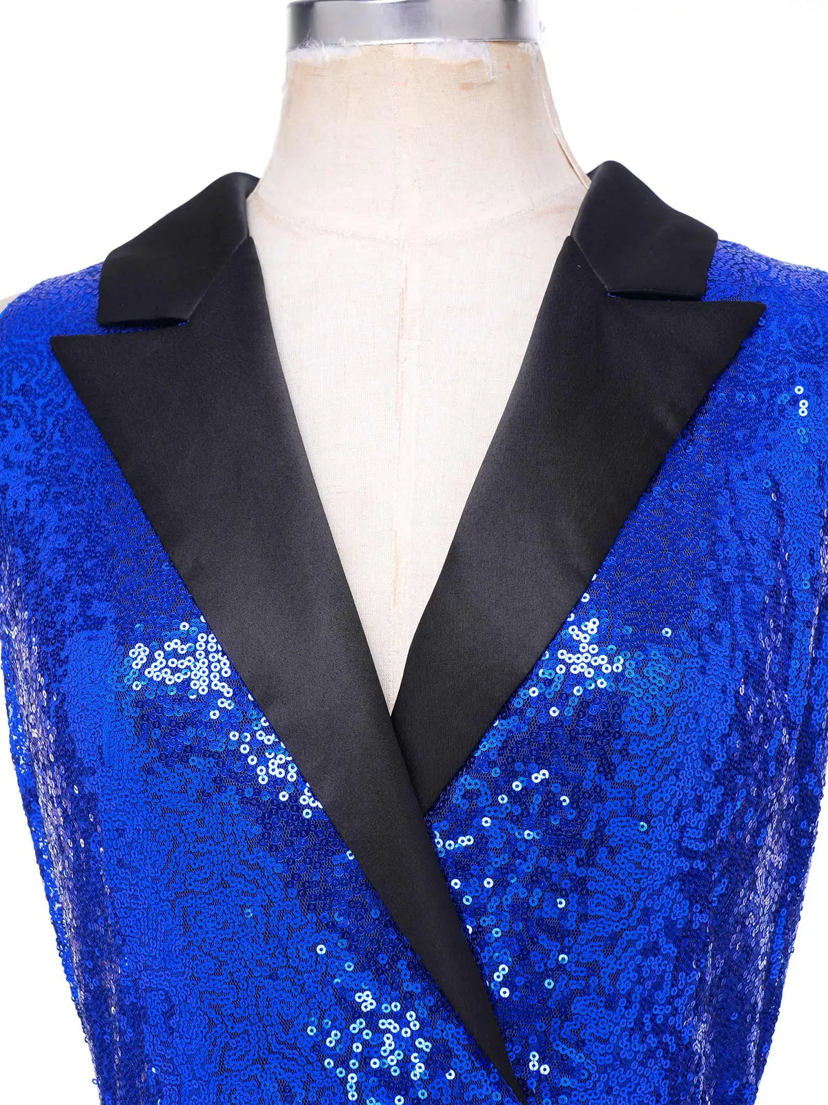 Womens Glittery Sequins Blazer Jumpsuit Lapel Wrap V Neck Sleeveless Rompers with Waist Belt Rave Disco Party Dance Clubwear