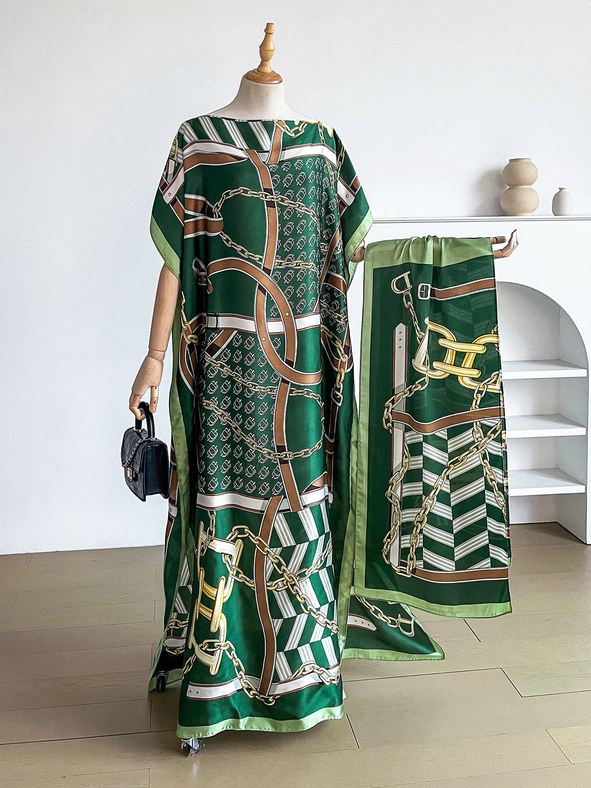 Popular Chain Print Boat Neck Modest Dress Elegant Batwing Sleeve Loose Maxi Dress With Hijab African Women's Clothing