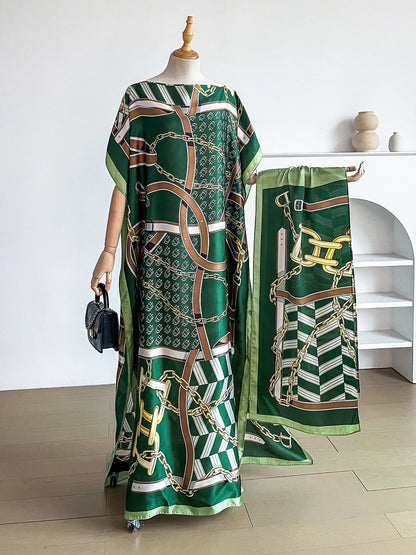 Popular Chain Print Boat Neck Modest Dress Elegant Batwing Sleeve Loose Maxi Dress With Hijab African Women's Clothing