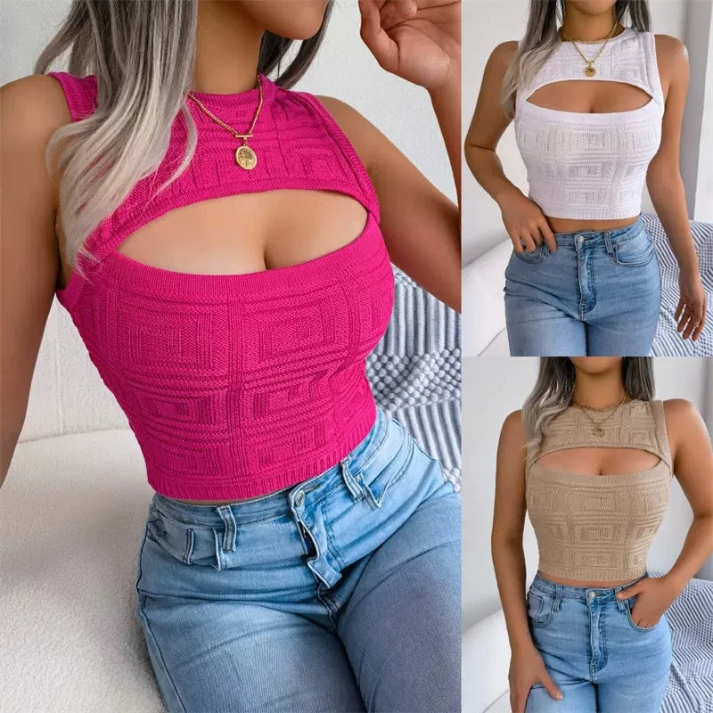 Summer Women Tshirt Hollow Out Solid Letter Sleeveless Knitted Tee Tops Casual Slim O Neck 2024 Fashion T Shirt