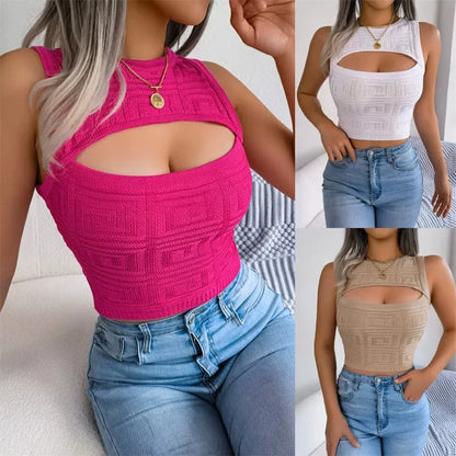 Summer Women Tshirt Hollow Out Solid Letter Sleeveless Knitted Tee Tops Casual Slim O Neck 2024 Fashion T Shirt