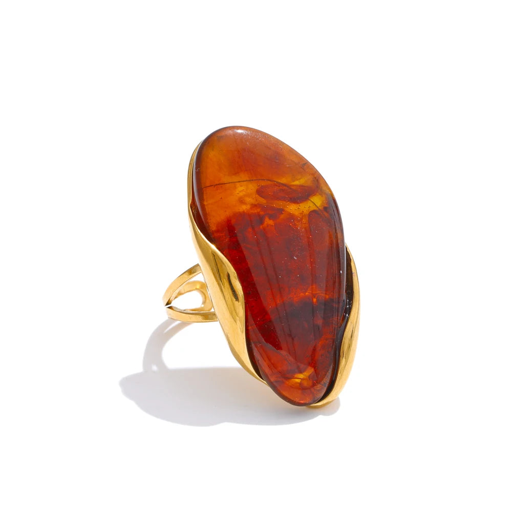 Yhpup New Design Brown Green Beige Resin Geometric Adjustable Ring Golden PVD Stainless Steel Rust Proof Finger Jewelry Gift