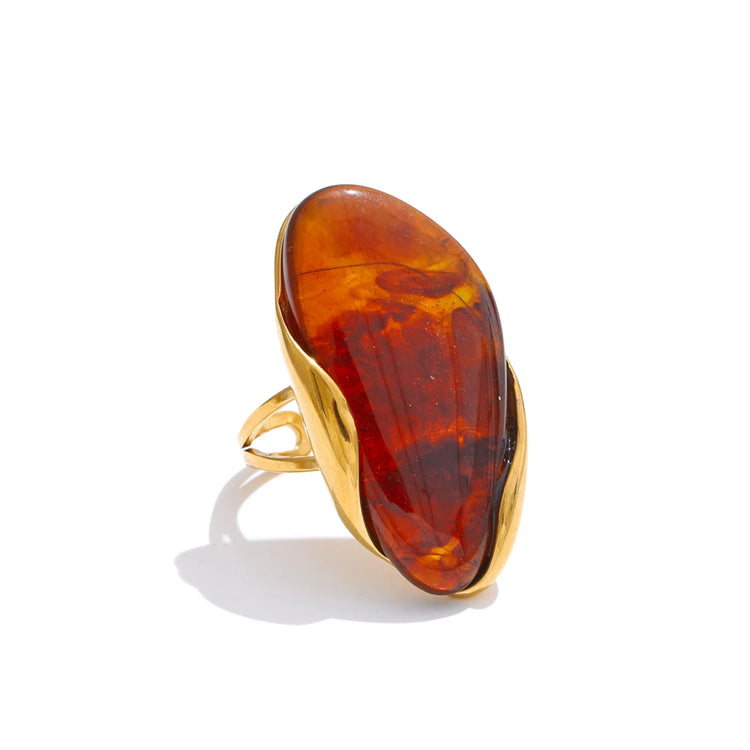 Yhpup New Design Brown Green Beige Resin Geometric Adjustable Ring Golden PVD Stainless Steel Rust Proof Finger Jewelry Gift