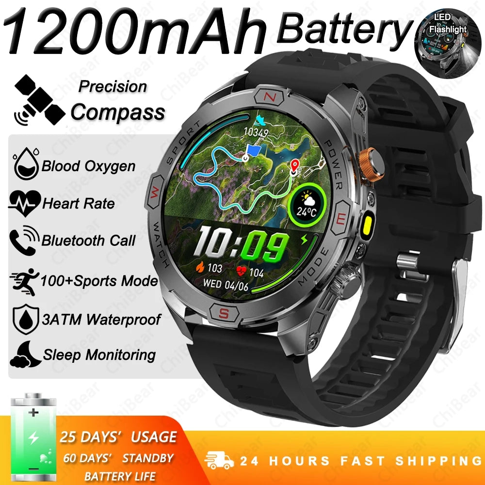 ChiBear Genuine Military Smart Watch Men: 1200 mAh Battery Compass GPS Sports Outdoor Watch Bluetooth Call Smartwatch 2026 New