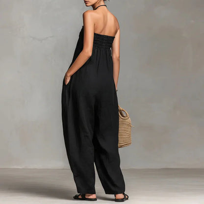 Bohemian Casual Solid Wide Leg Pants Jumpsuit Woman Spring Sexy Strapless Backless Hollow Rompers Summer Lace-up Draped Overalls