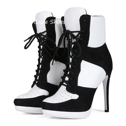 Round Toe Sports Lace Up Women's Short Boots 2026 Thick Sole Mixed Color Stilettos Autumn Winter New Street Style Casual Rock Bo