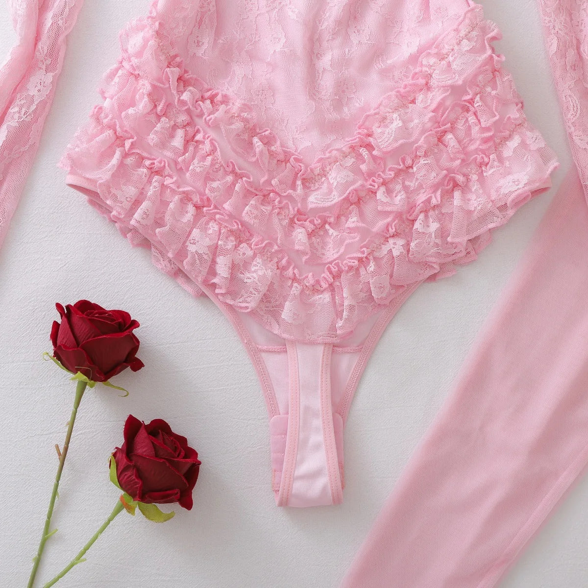 SINGREINY Off Shoulder Hotsweet Sexy Bodysuits Women Long Sleeves Ruffles Sweet Rompers Hollow Out Floral Lace Pink Playsuits