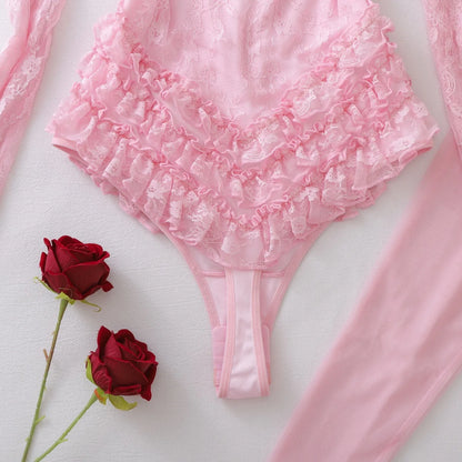 SINGREINY Off Shoulder Hotsweet Sexy Bodysuits Women Long Sleeves Ruffles Sweet Rompers Hollow Out Floral Lace Pink Playsuits