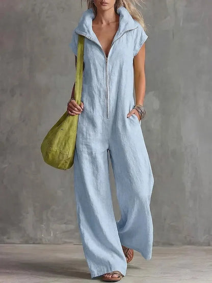 Summer New Fashion Zipper Lapel Short-sleeved Loose Women's Jumpsuit 2026 Loose Simple Pocket Casual Vacation Female Jumpsuit