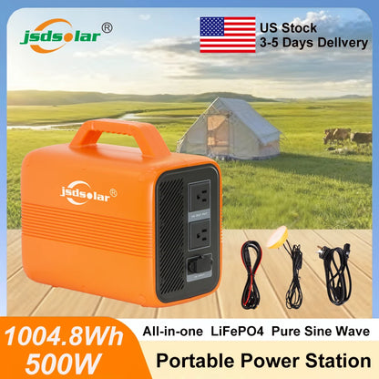 Jsdsolar All-in-one Portable Power Station 1004.8Wh LiFePO4 Battery 500W Solar Generator Outdoor Emergency Power Plant  UPS Pure Sine Wave Fast Charging Power Bank for Home Backup Camping RVs
