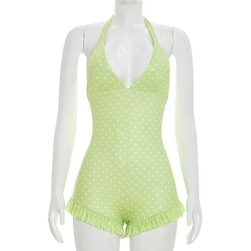 Bandage Halter Playsuits Women Polka Dot Print Summer Ruched Outfits Slim Backless Sleeveless V Neck Rompers Vacation Beach Gift
