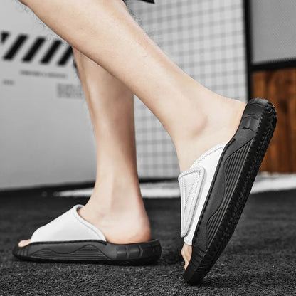 Leisure Walk Mens Slippers Outdoor Leather Male Slides Sneakers Summer Beach Shoes Sandals for Male Large Size Casual Half Drag