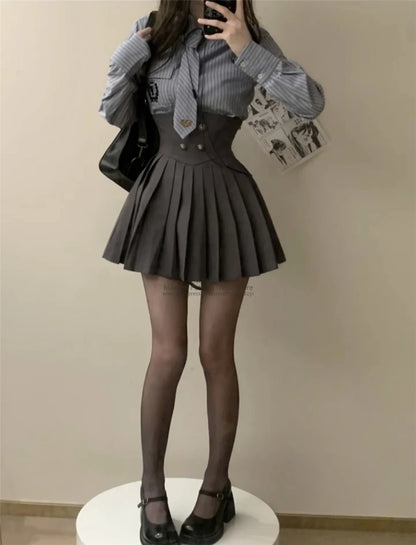 Spring 2025 Preppy Style American Uniform Set Girls Short Suit Coat Long Sleeve Striped Shirt Slim High Waist Pleated Skirt Grey