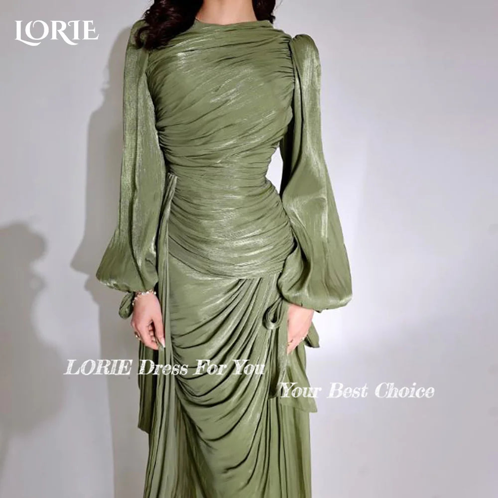 LORIE Modest Crepe Evening Dress Pleats Puff Long Sleeve Floor Length Prom Dresses Ruched Illsion Arabia Party Gowns Customized