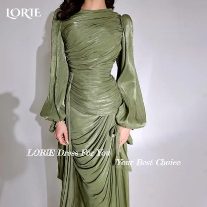 LORIE Modest Crepe Evening Dress Pleats Puff Long Sleeve Floor Length Prom Dresses Ruched Illsion Arabia Party Gowns Customized
