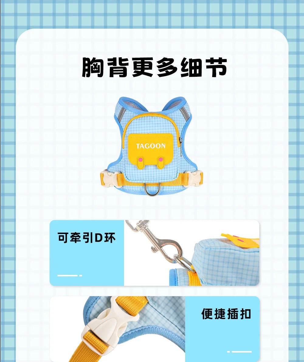 Dog Backpack Harness Cute Plaid Outdoor Self-Carrying Bag for Pets Puppy Chest Vest for Walking Adjustable for Small Medium Dogs