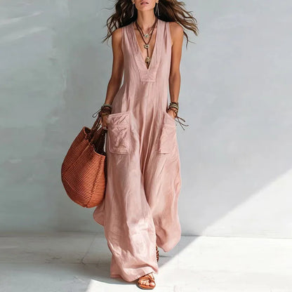 Vintage Sleeveless Overall Jumpsuits Women Deep V Neck Relaxed Pockets Flowy Wide Leg Pants Boho Holiday Vacation One Piece Sets