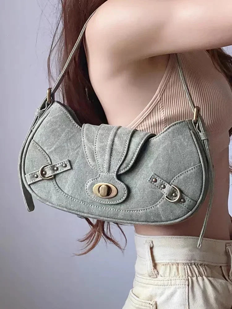 Y2k Vintage Shoulder Bag American Street Style Rivets Green Canvas Handbag Gothic Punk Biker Cool Designers Underarm Bag Handbag