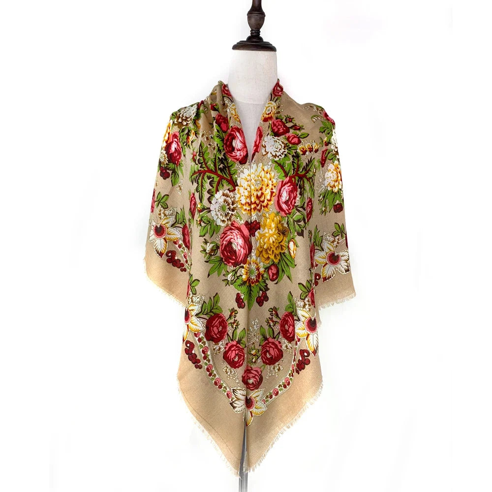 130*130cm Breathable Thin Russian Square Scarf Women Luxury Floral Print Ukrainian Shawl Babushka Handkerchief Head Wraps
