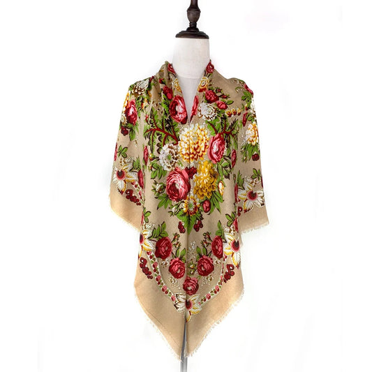 130*130cm Breathable Thin Russian Square Scarf Women Luxury Floral Print Ukrainian Shawl Babushka Handkerchief Head Wraps