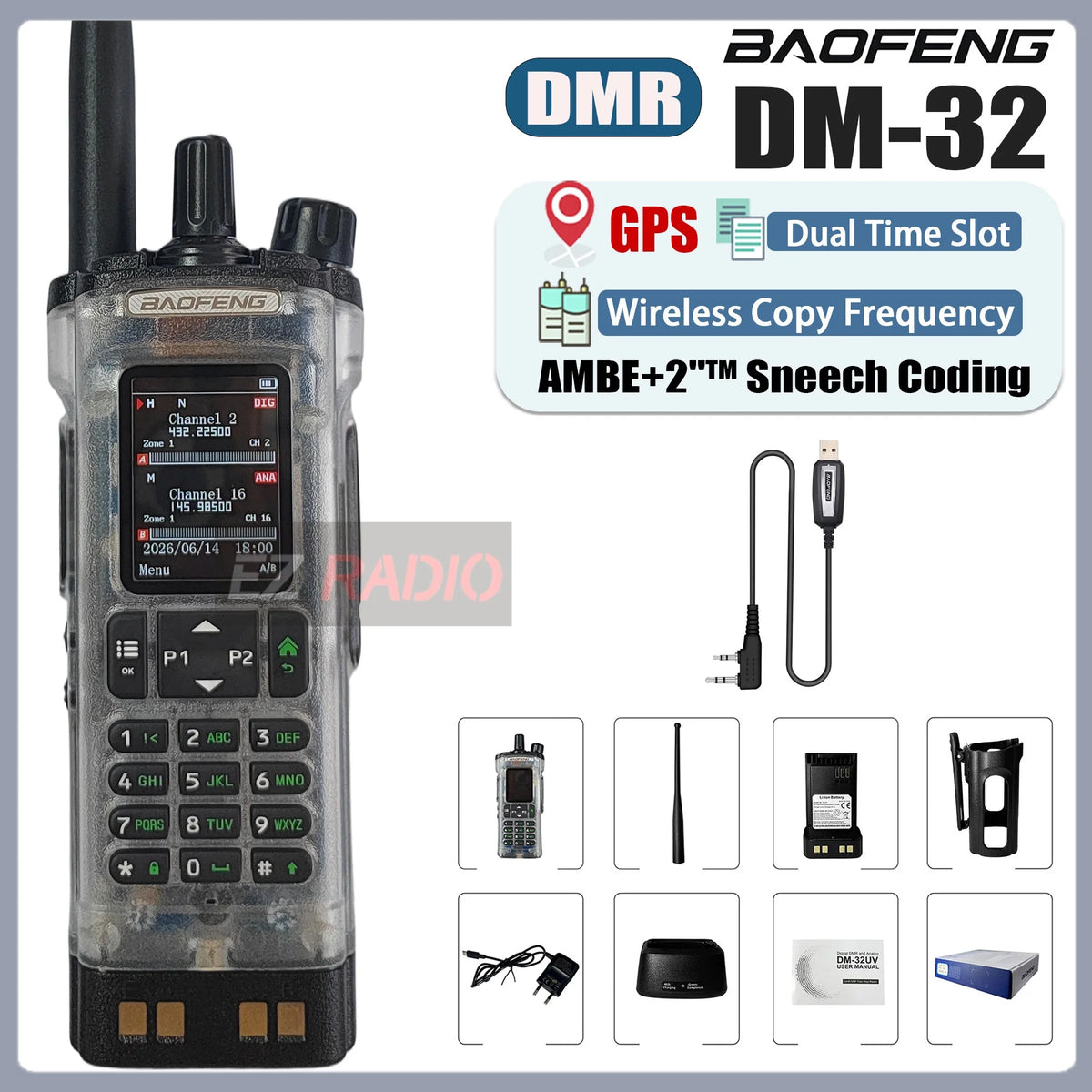 Transparent Baofeng Radio DM 32UV DMR Digital Wireless Walkie Talkie With AES256 Encryption For Long Range Secure Contact skiing