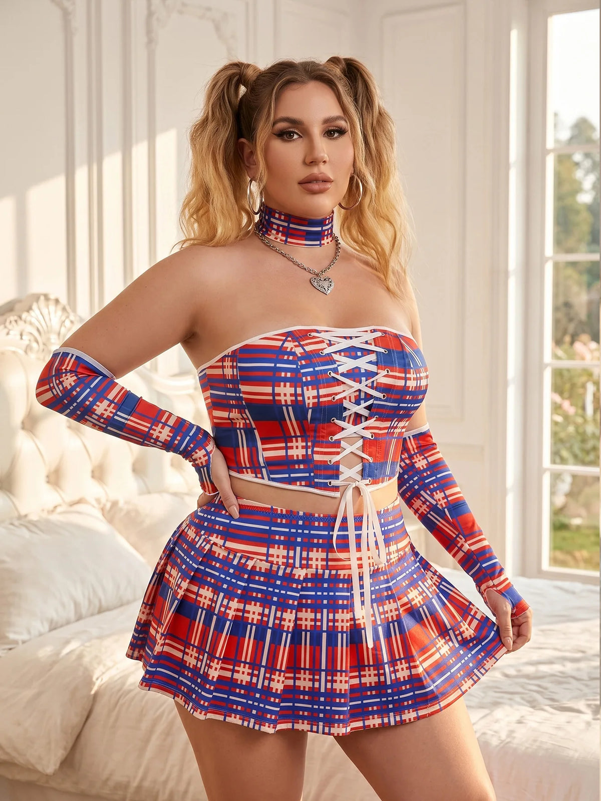 Plus Size Red Tartan Sleepwear Set Cheerleader Cosplay Costume - Plaid Corset Top & Pleated Skirt with Long Sleeves and Choker