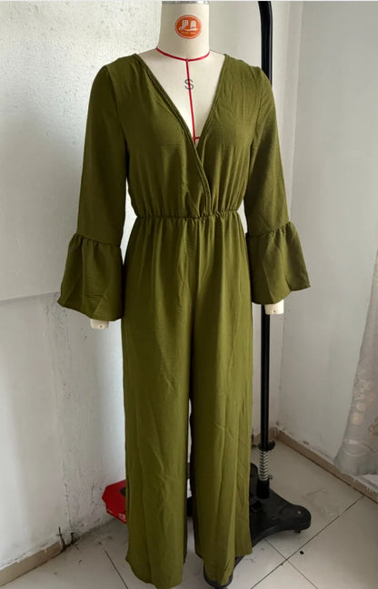 Women Sexy Deep V Neck Flare Sleeve Jumpsuits Spring Autumn Solid Crinkle High Waist Loose Casual Holiday Wide Leg Pants Romper