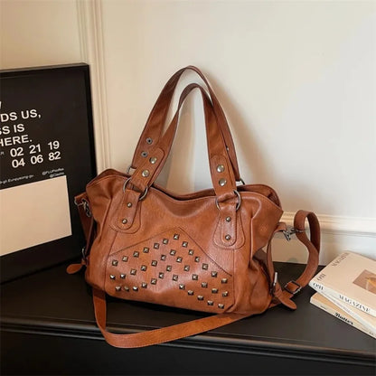 Rivet Punk Large Capacity Handbags Top Quality Sturdy Soft Leather Casual Tote Bag Shoulder Crossbody Bags Daily Commute Travel
