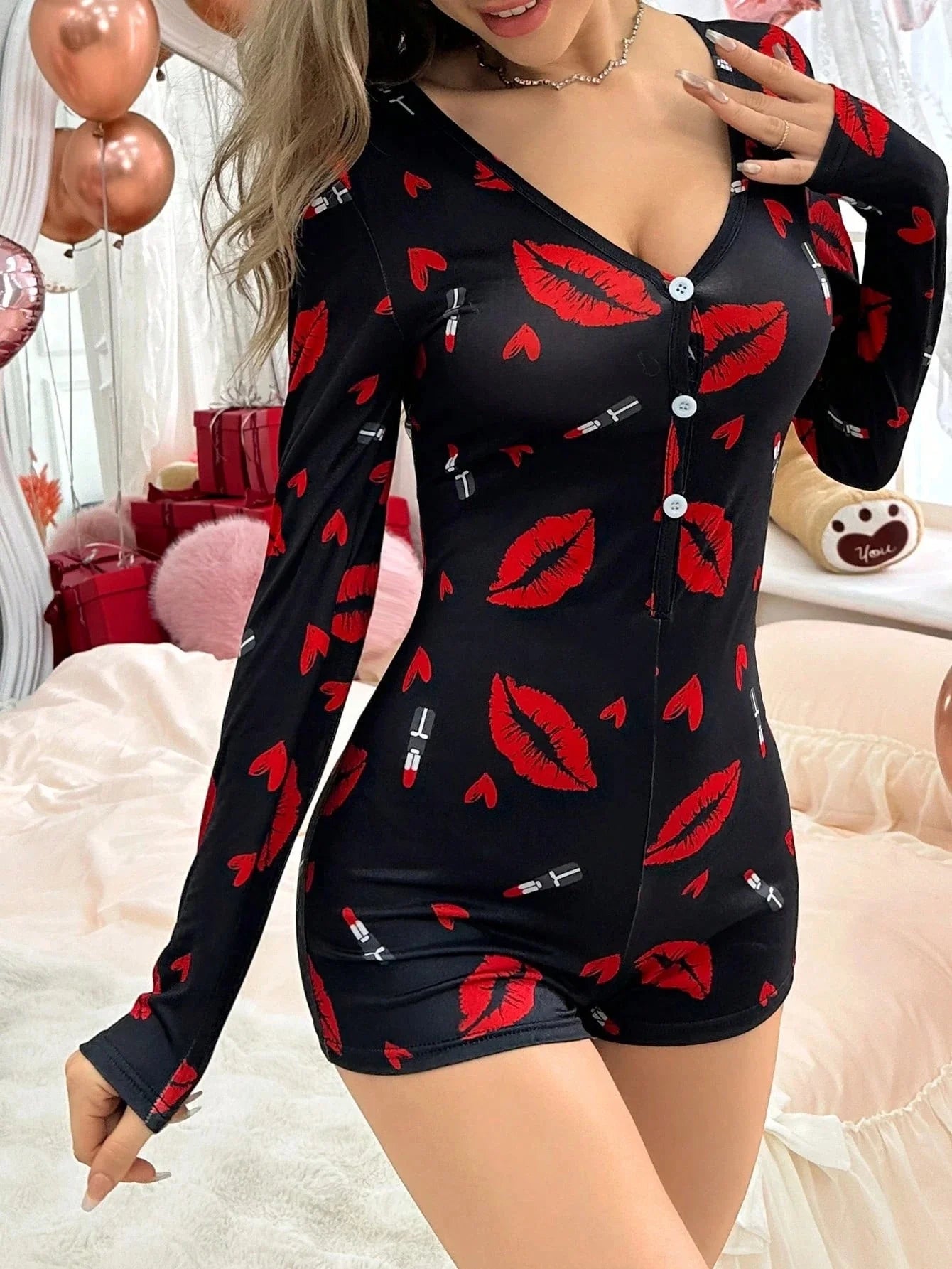 Onesies Women's Sexy Bodysuit Casual Red Lips Print V-neck Front Button Long Sleeve Jumpsuit Pajamas Sleepwear Lounge