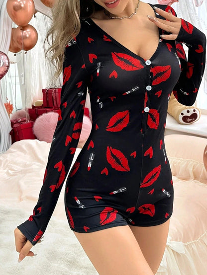 Onesies Women's Sexy Bodysuit Casual Red Lips Print V-neck Front Button Long Sleeve Jumpsuit Pajamas Sleepwear Lounge