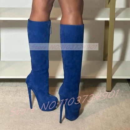 Front Zipper Flodover Knee High Boots Women Blue Suede Platform Round Toe Stiletto High Heels Boots Sexy Nightclub Party Boots