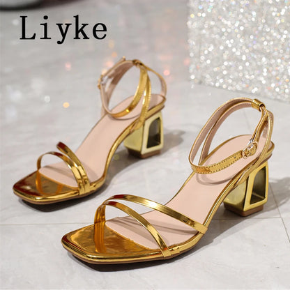 Liyke Sexy Gold Ankle Strap Sandals Women Summer Square Toe Buckle Strap Shoes Fashion Fretwork Strange High Heels Zapatos Mujer