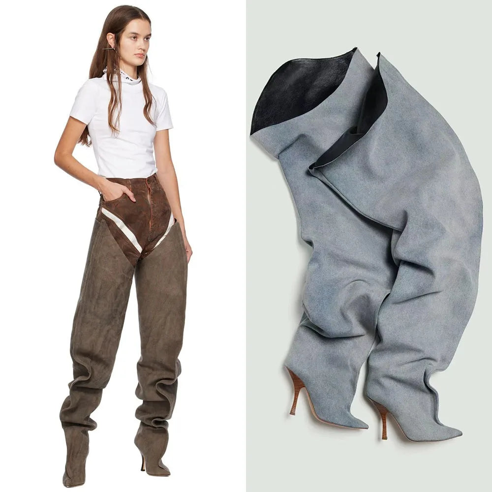 2026Autumn and Winter New Women's Wide Leg Stiletto High Heel Knee Long Boots Pointed 34-45 Large Leg Women's Boots