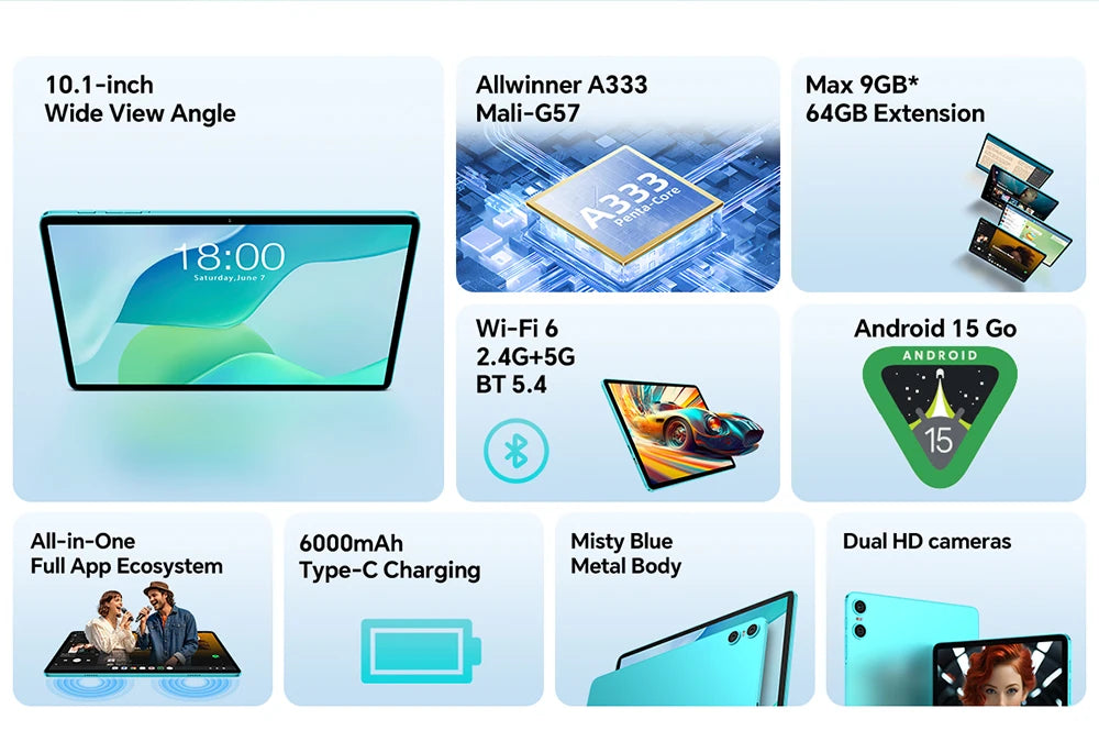 Teclast P33Case 10.1" Tablet Android 15 9GB(3+6GB) RAM 64GB ROM Allwinner A333 P33 Case/Keyboard/Mouse/Stylus/Headphone 6000mAh