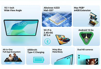 Teclast P33Case 10.1" Tablet Android 15 9GB(3+6GB) RAM 64GB ROM Allwinner A333 P33 Case/Keyboard/Mouse/Stylus/Headphone 6000mAh