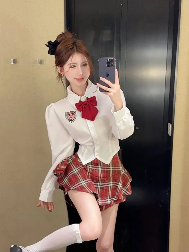 2025 improved cute sexy korea jk suit women autumn jk school uniform women shirt plaid pleated half skirt fashion two-piece set