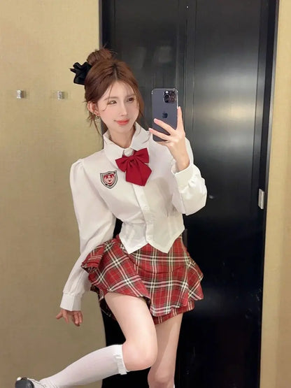 2025 improved cute sexy korea jk suit women autumn jk school uniform women shirt plaid pleated half skirt fashion two-piece set